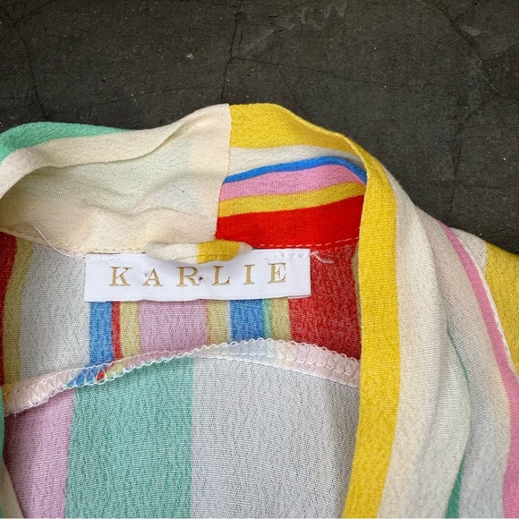 Karlie Multicolor Striped V-Neck Kimono Sleeve Self-Tie Dress Sz L - Picture 6 of 7